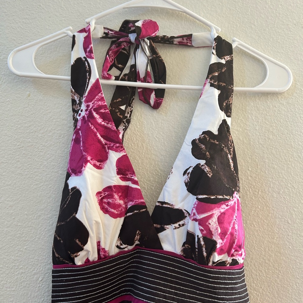 pink and brown floral halter dress, from the brand Speechless